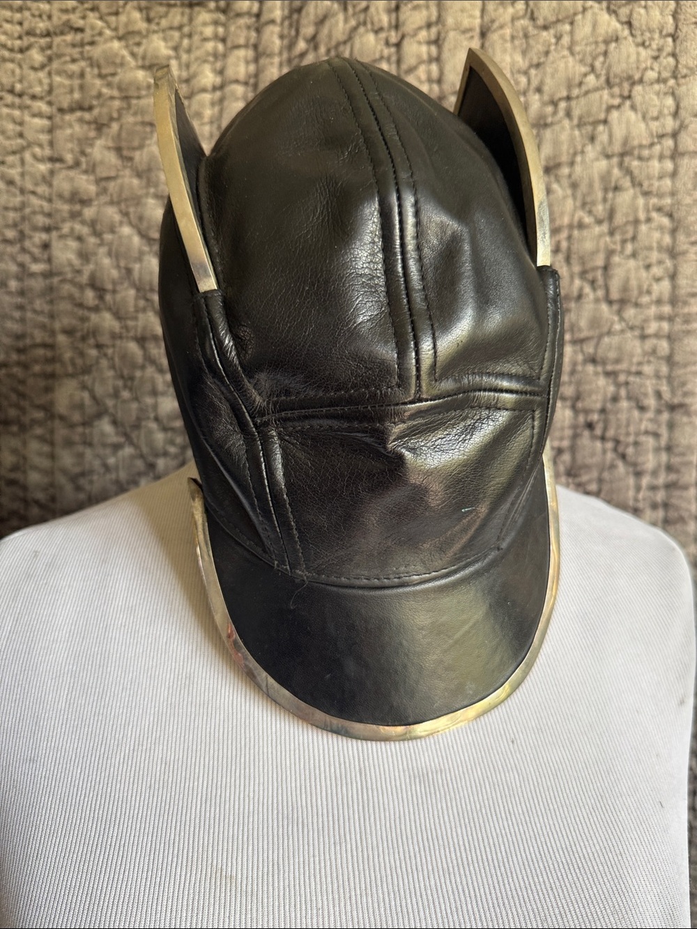 Black Leather Men’s Cap with Silver Tone Trim and Metal Angel Wings